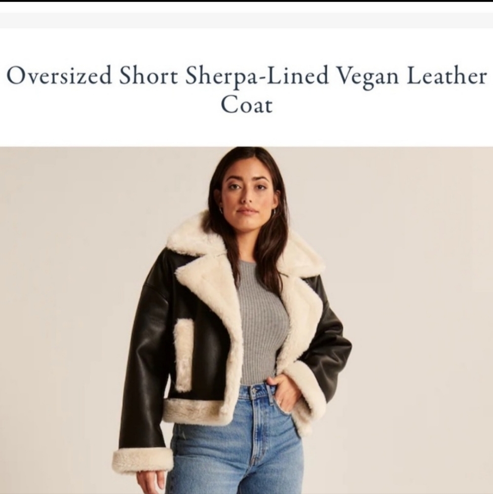 Abercrombie & Fitch Short Sherpa Lined Vegan Leather Coat in Black